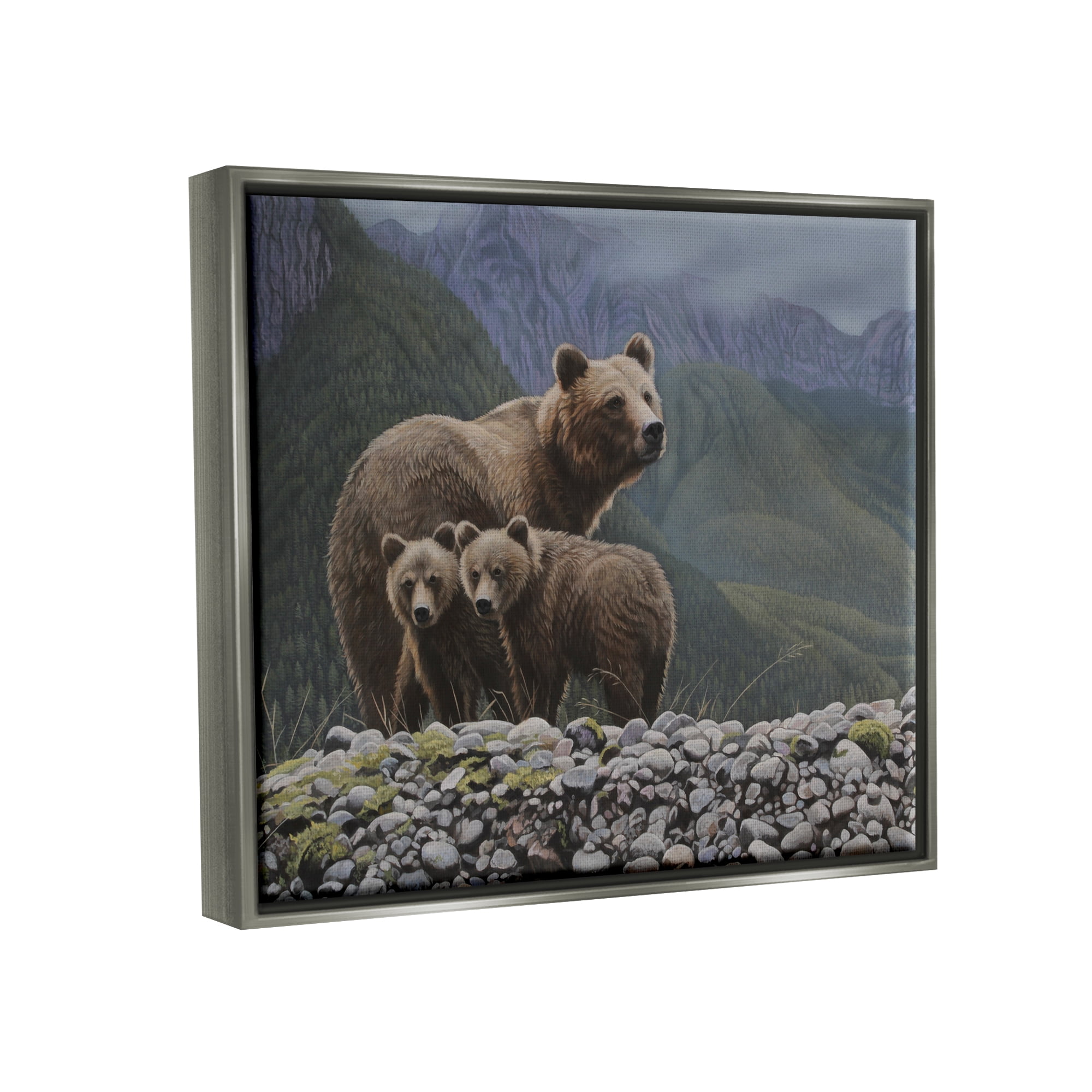 Stupell Industries Bear Family Mountain Landscape Animals & Insects Painting Gray Floater Framed Art Print Wall Art, 21 x 17