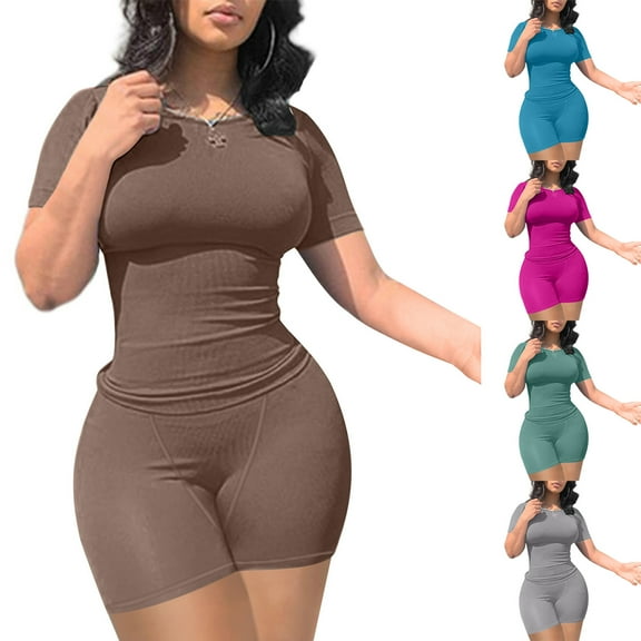 ZZwxWA Solid Color Womens Casual Workout Two Piece Outfits for Women Short Sleeve T-shirt Elastic High Waist Shorts Sets Streetwear