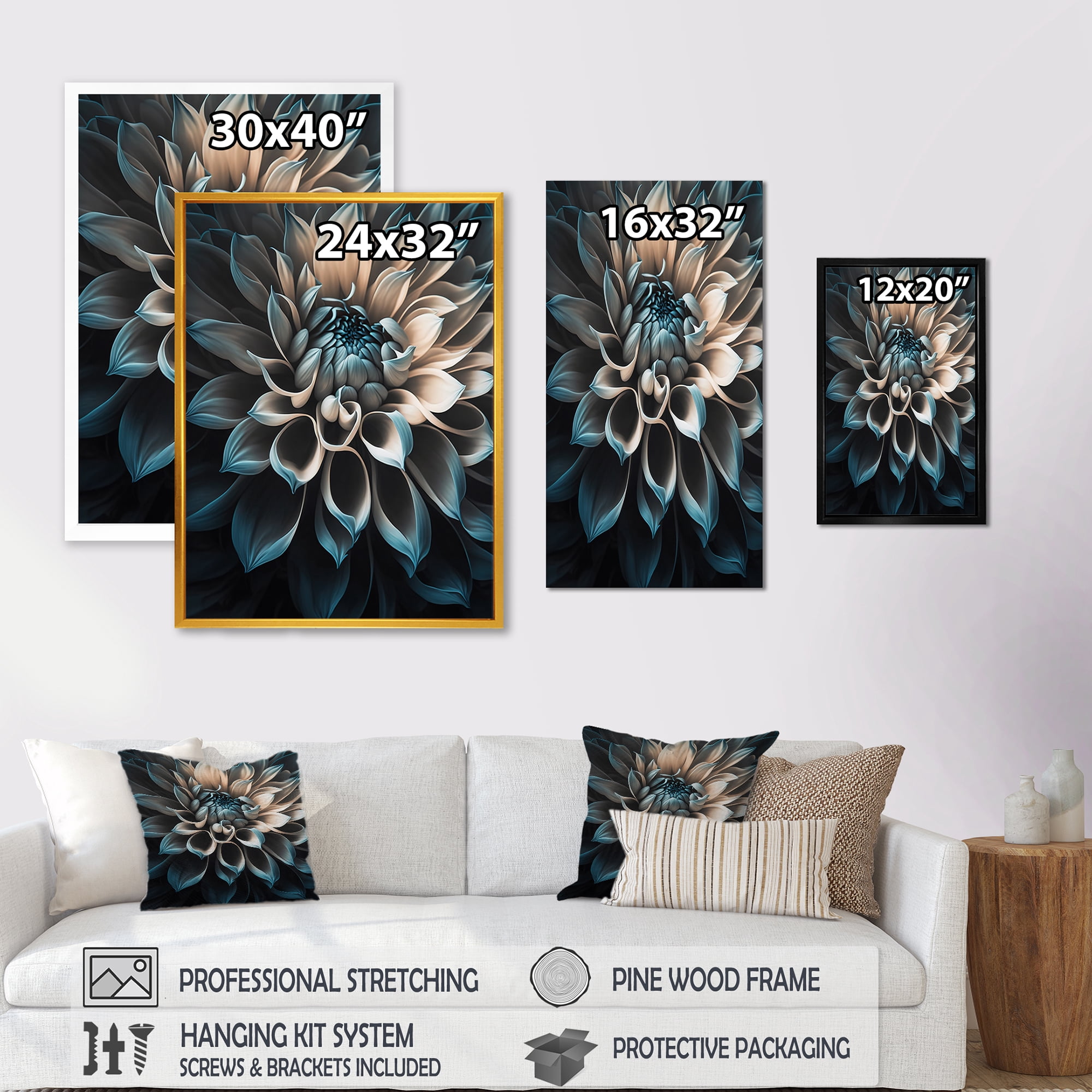 Designart Blue And White Dahlia Flowers III Canvas Wall Art