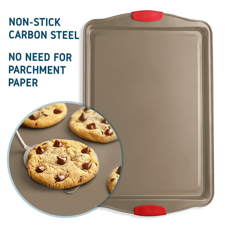 Nutrichef Large Cookie Sheet - Deluxe Nonstick Gray Coating Inside &  Outside With Red Silicone Handles : Target