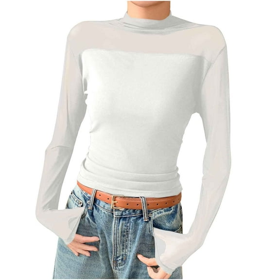 JGGSPWM Women Long Sleeve Sheer Mesh Bodysuit Mock Turtle Neck Trendy Ruched Going Out Bottoming Tops White M