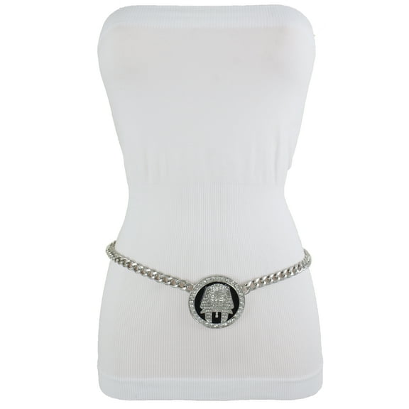 Women Silver Metal Chain Pharaoh Cleopatra Charm Buckle Belt M L XL
