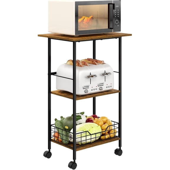 X-COSRACK 3-Tier Rolling Microwave Cart with Wire Basket, Small Kitchen Utility Wood & Metal Stand, Mobile Coffee Bar Station for Compact Spaces