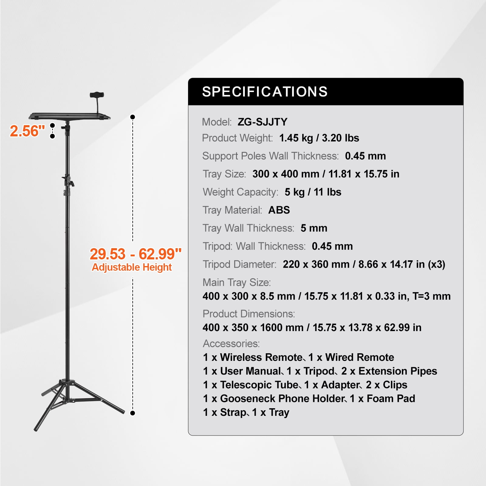 KFFKFF Projector Support, Laptop Stand Tripod with Variable Height ranging from 26.97 to 63 inches, Mobile Projector Tripod Stand featuring Tray & Flexible Phone Mount, suitable for Outdoor Cinema