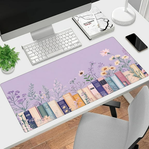Lavender Large Mouse Pad - Ultra-Smooth Desk Mat with Stitched Edges, Non-Slip Waterproof Rubber Base, 31.5x11.8 inch, Decorative Floral & Bookshelf Design for Office and Home Workspace, Keyboard Mat