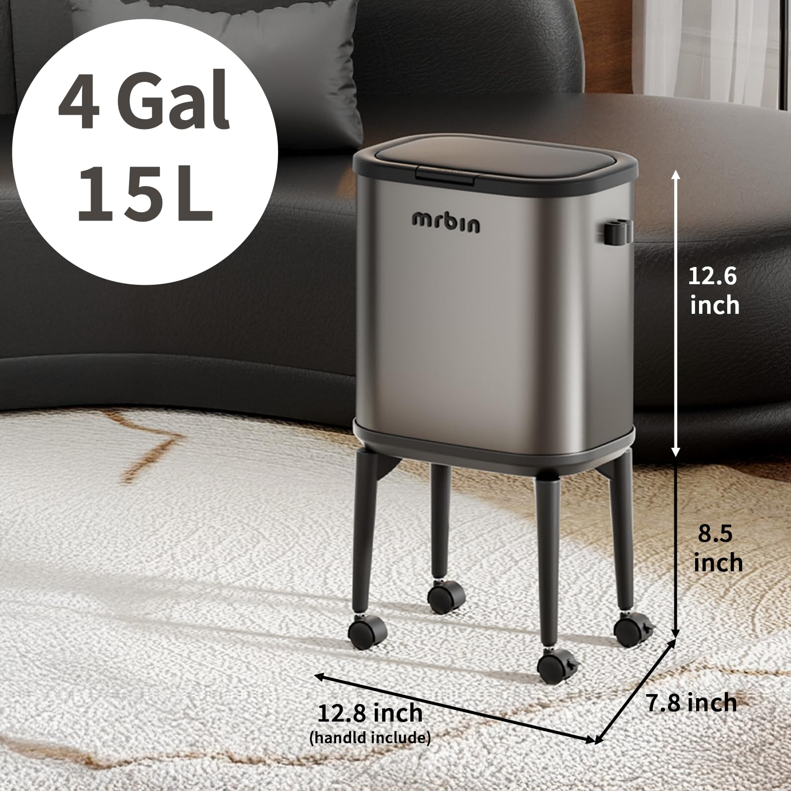 Stainless Steel Slim Bathroom Trash Can with Legs and Wheels, 15L / 4gal Toilet Press Lid Waste Basket, Covered Office Garbage Pail for Near Desk, Narrow Vanity, Rvs, Kitchen, Eclipse Grey