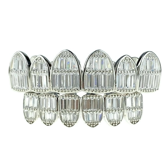Real Solid 925 Sterling Silver Grillz Set Iced Baguettes Six on Six Teeth Grills