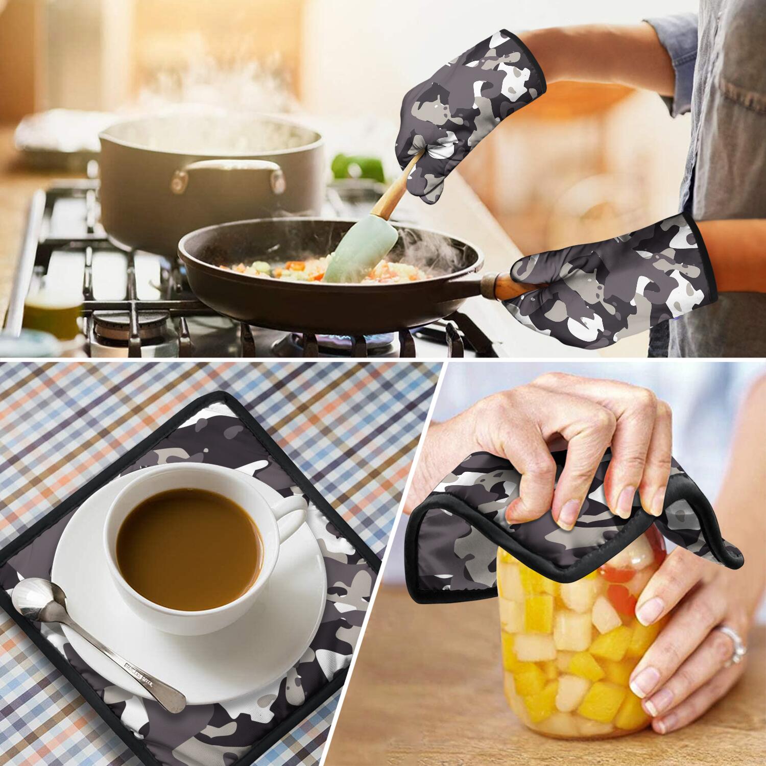 Camouflage Oven Mitts and Pot Holders Set Of 4, Heat Resistant Kitchen Gloves with Non-Slip Grip, Hanging Loop, Soft Cotton Lining for Baking, Cooking, Grilling, Barbecue