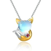 Cuoka Fox Necklace 925 Sterling Silver Heart Moonstone Pendant Necklaces 18K Yellow Gold Plated Hypoallergenic Jewelry Birthday Xmas Gift for Kids Girls Women Daughter Mom Wife