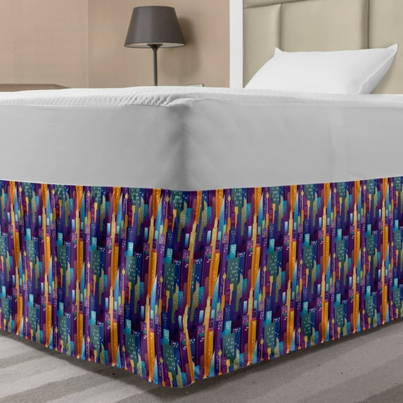 Colorful Bed Skirt, Modern Buildings Big Town Skyscrapers Cityscape Centre Metropolis Downtown Graphic, Elastic Bedskirt Dust Ruffle Wrap Around for Bedding Decor, 4 Sizes, Multicolor, by Ambesonne