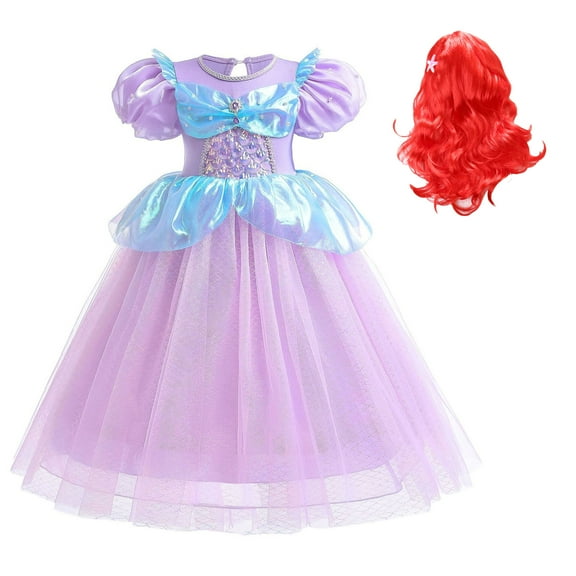 Girls Mermaid Costume Princess Dress Puff Sleeve Halloween Evening Gown, 3-9 year