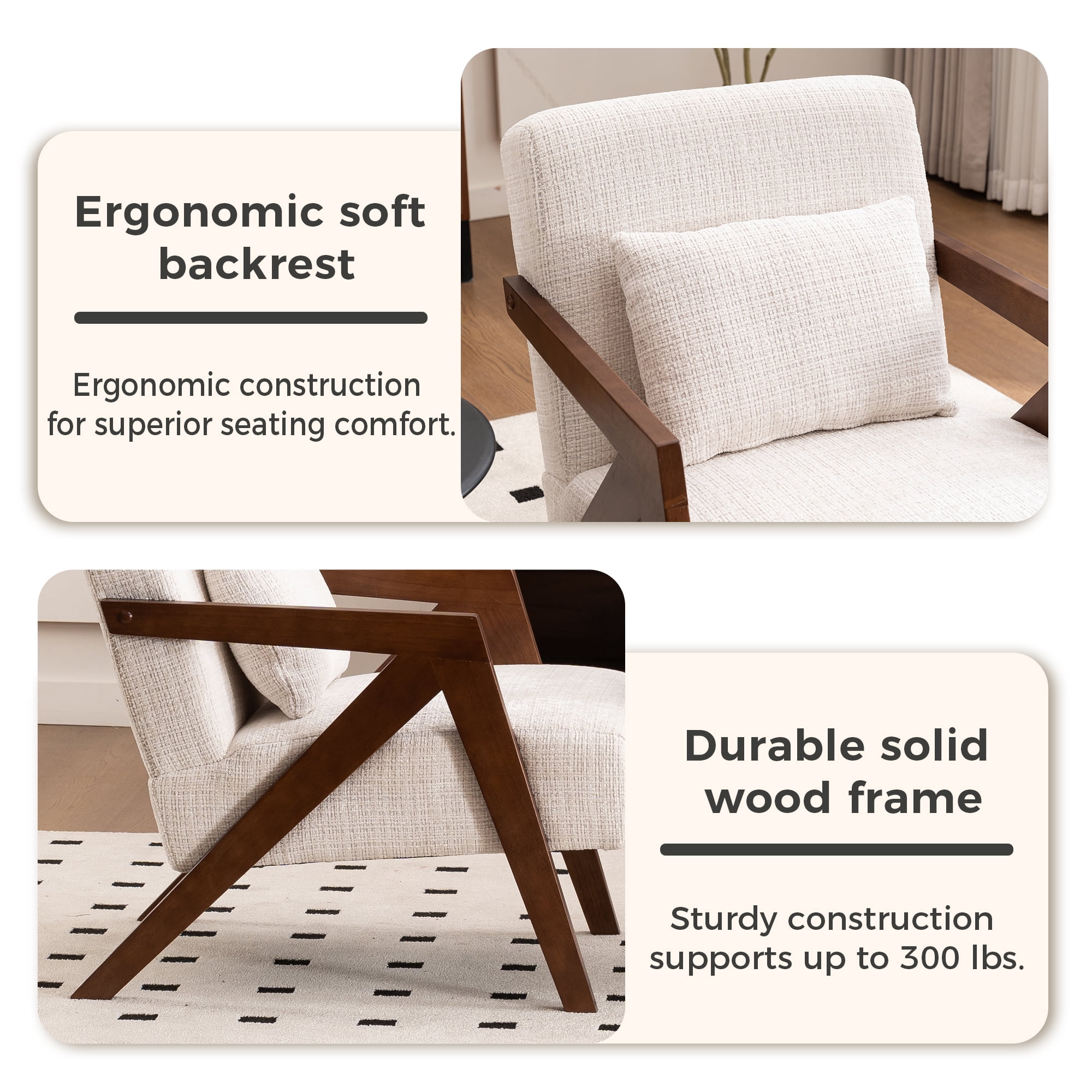 Mid-Century Modern Accent Chair with Solid Wood Frame and Chenille Upholstery, Comfy Armchair and Reading Lounge Chair with Pillow for Living Room Bedroom, Beige