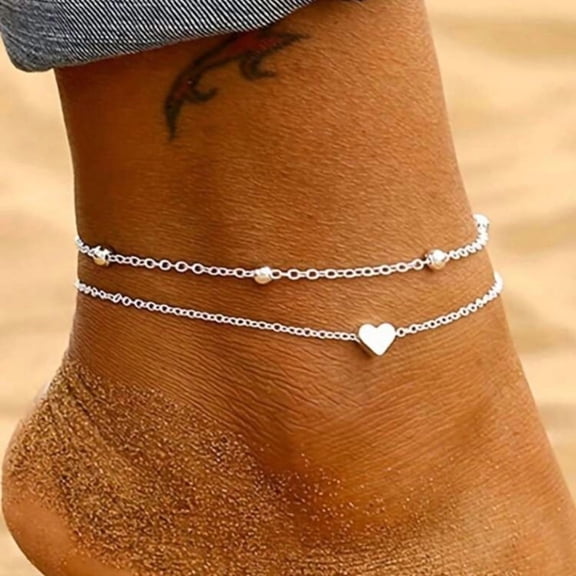 Double Layer Heart Anklet Silver Adjustable Minimalist Ankle Bracelet for Women Beach Jewelry