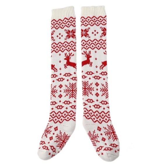 Women Christmas Reindeer Snowflake Knitted Thigh High Stockings Acrylic Fabric Over Knee Long Boot Socks Leg Warmers