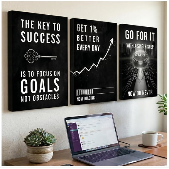 3 Piece Motivational Wall Art for Office Decor - 12x16in Framed Inspirational Canvas Wall Art, Black and White Success Quotes Posters, Mental Health Decor for Home Gym, Bedroom, Work, Ready to Hang