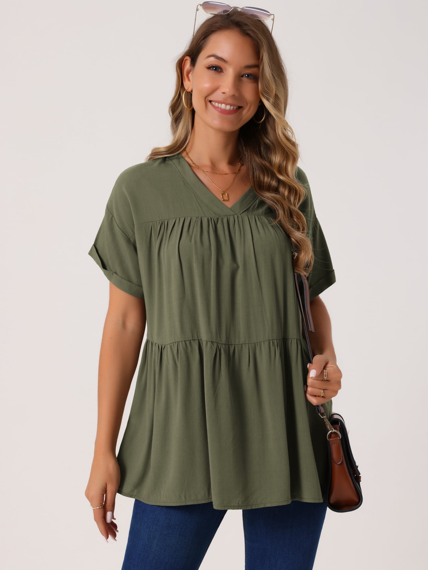 DARING DIVA Women's Babydoll Casual V Neck Short Sleeve Peplum Blouse L Army Green