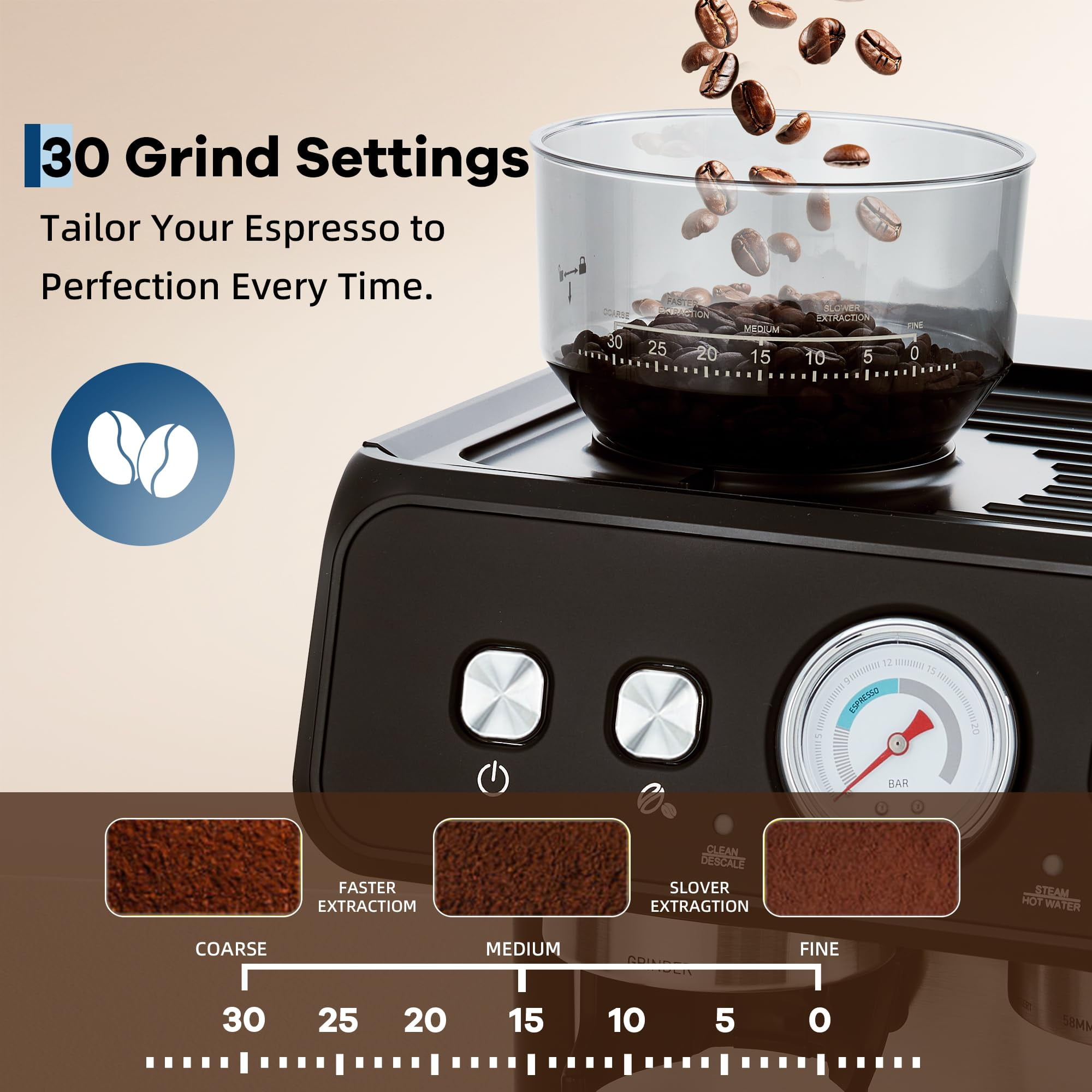 Juiluna 20 Bar Pressure Stainless Steel Espresso Machine with Grinder, 2.8L Removable Water Tank, Milk Frother Steam Wand for Latte/Cappuccino - Adjustable Shot Volume, Professional Home/Office Use
