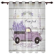 Grommet Curtain Blackout Curtains Purple Floral Truck Farm Fresh Lavender On Wood Grain Background Grommet Thermal Insulated Room and Living Room Curtain,Set of 2 Panels 27.5" W x 39" L