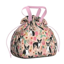 Pink Boston Terrier and Flower Drawstring Lunch Bag Women - Drawstring Lunch Bag Insulated for Work Office - Stain-Resistant Large Lunchbags for Women with Multi-Pockets