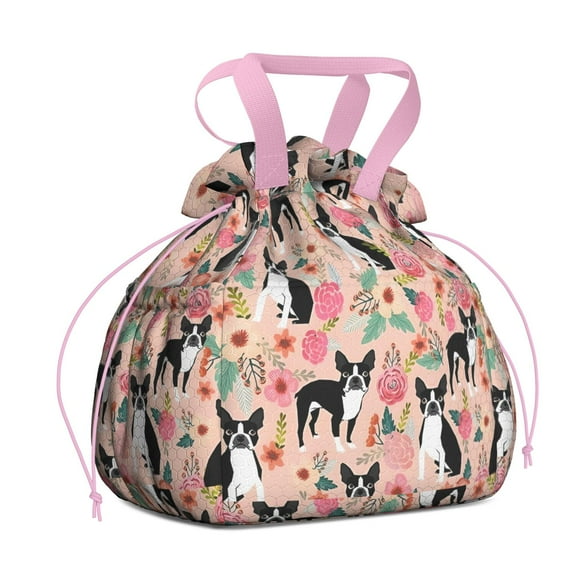 Pink Boston Terrier and Flower Drawstring Lunch Bag Women - Drawstring Lunch Bag Insulated for Work Office - Stain-Resistant Large Lunchbags for Women with Multi-Pockets
