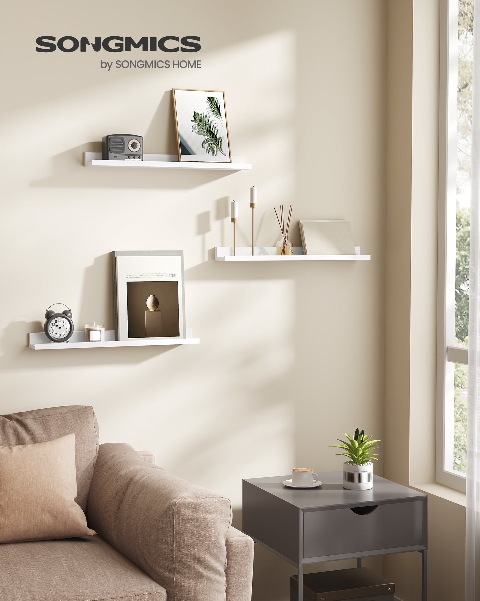 Set of 3 Floating Shelves, 23.6 Inch Wide Wall Shelves with 22 lb Capacity Each & Anti-Slip Edge, for Living Room Kitchen Bathroom, White