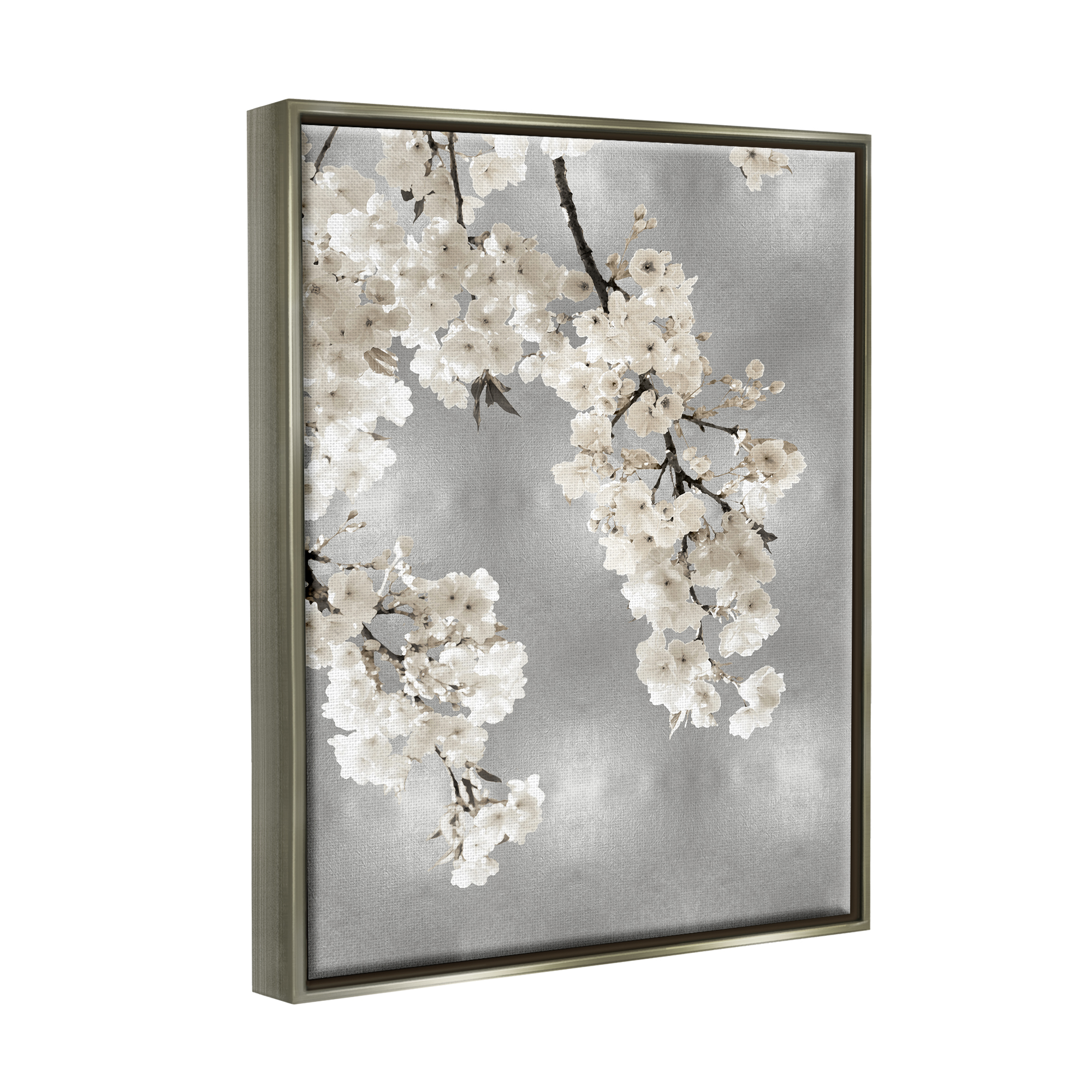 Stupell Industries Modern White Cherry Blossoms Botanical & Floral Painting Gray Floater Framed Canvas Art Print Wall Art, 17 x 21
