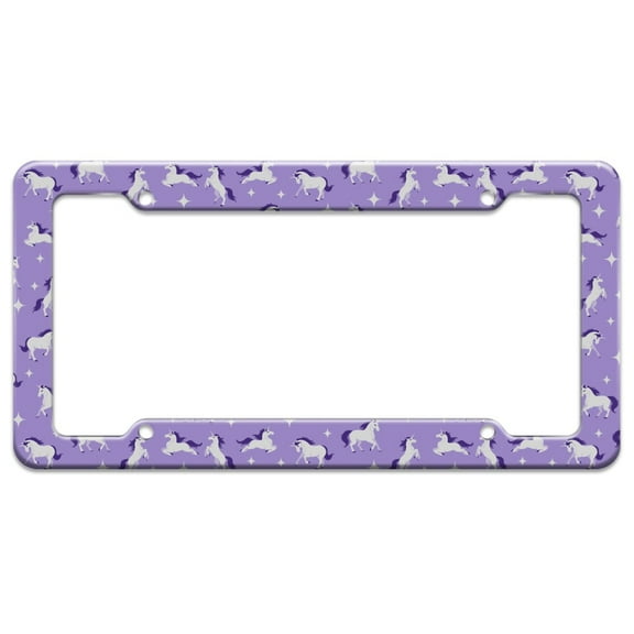Frolicking Unicorns White Purple Pattern License Plate Tag Frame