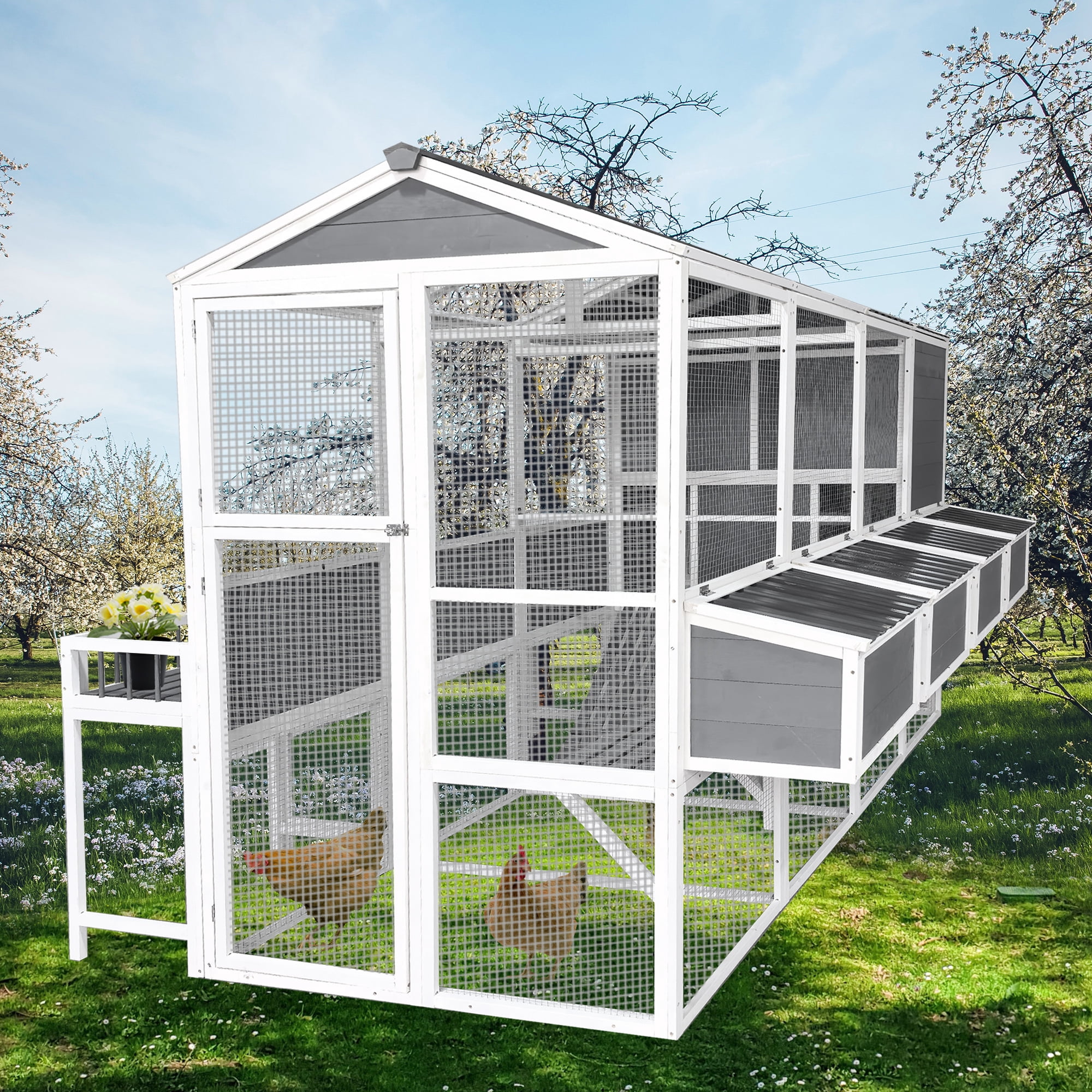 Chicken Coop with Chicken Run, Chicken Coops for 10 Chickens Outdoor with Nesting Boxes , Wooden Walk-in Chicken House with Pull Out Trays , Garden Backyard Cage (95''X80''X83'')