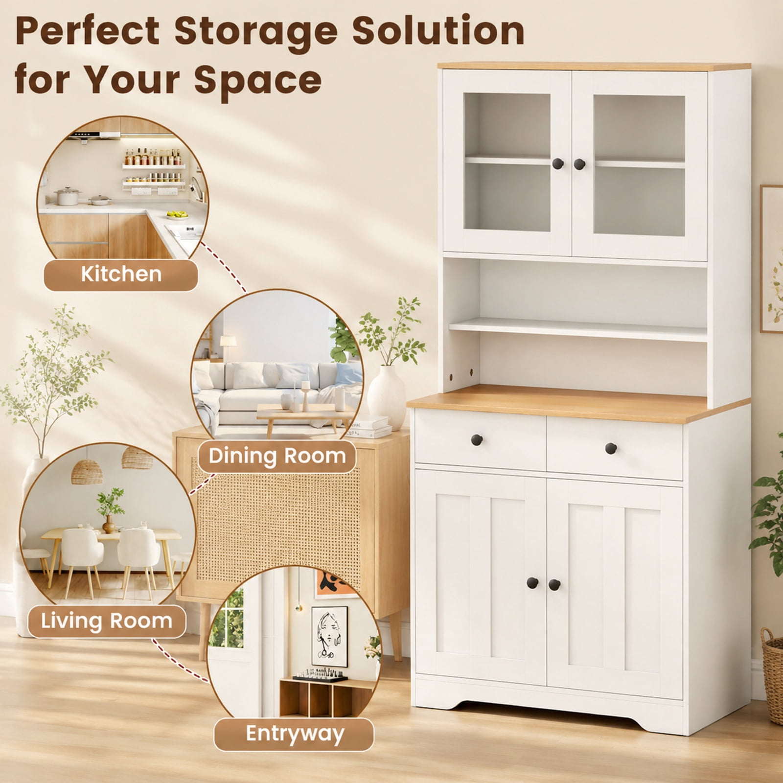 Furnibear Tall Kitchen Pantry Cabinet with Glass Doors 2 Drawers Adjustable Shelves and Countertop Freestanding Storage Cabinet for Kitchen, White