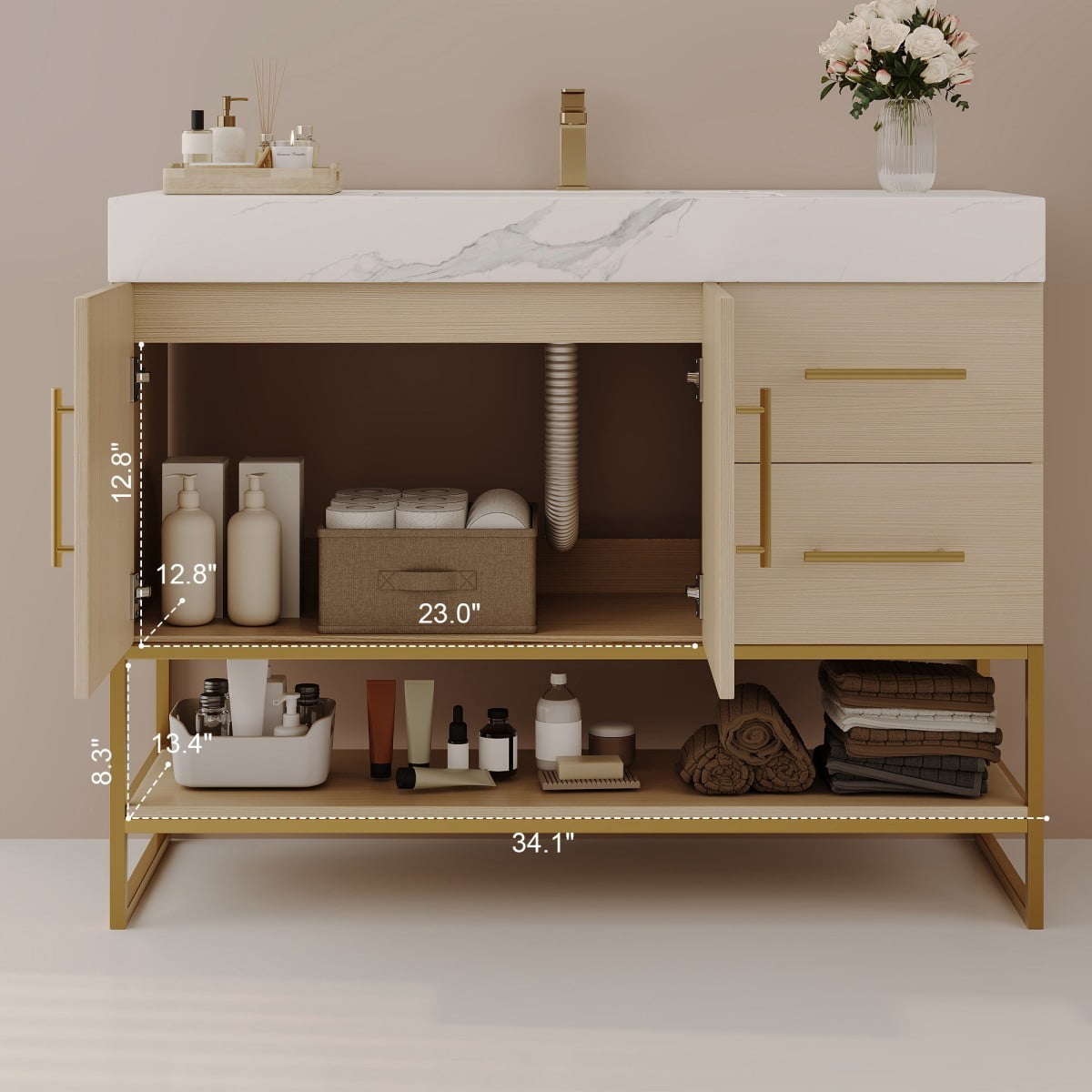36" Bathroom Vanity with Sink, Freestanding Bathroom Vanity Cabinet with Sintered Stone Top, Seamless Ceramic Basin, Gold Stainless Steel Legs, Storage Drawers & Open Shelf, White &Wood