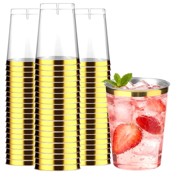 BagDream 75 Pack Silver Rimmed Plastic Cups, 10 oz Hard Clear Plastic Cups Disposable Party Cups for Parties, Weddings, Mother'Day and Events