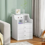 Afuhokles Nightstand with Charging Station, Night Stand End Table with Hutch and Storage Drawers, White