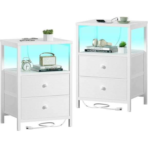 White nightstand set of two, bedroom nightstand set, two-piece nightstand with charging station and LED light