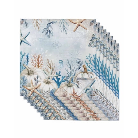 Thanksgiving Coastal Cloth Napkins Set of 8 Reusable Dinner Napkins Blue White Pumpkin Starfish Coral Cocktail Napkin Washable Table Napkins for Wedding/Holiday Party/Baby Shower 20 x20