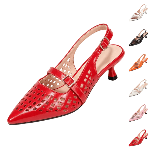 Kitten Heels for Women Pointed Toe Pumps Low Heel Slingback Heels with Buckle Dress Shoes for Dating Party Working Red 36