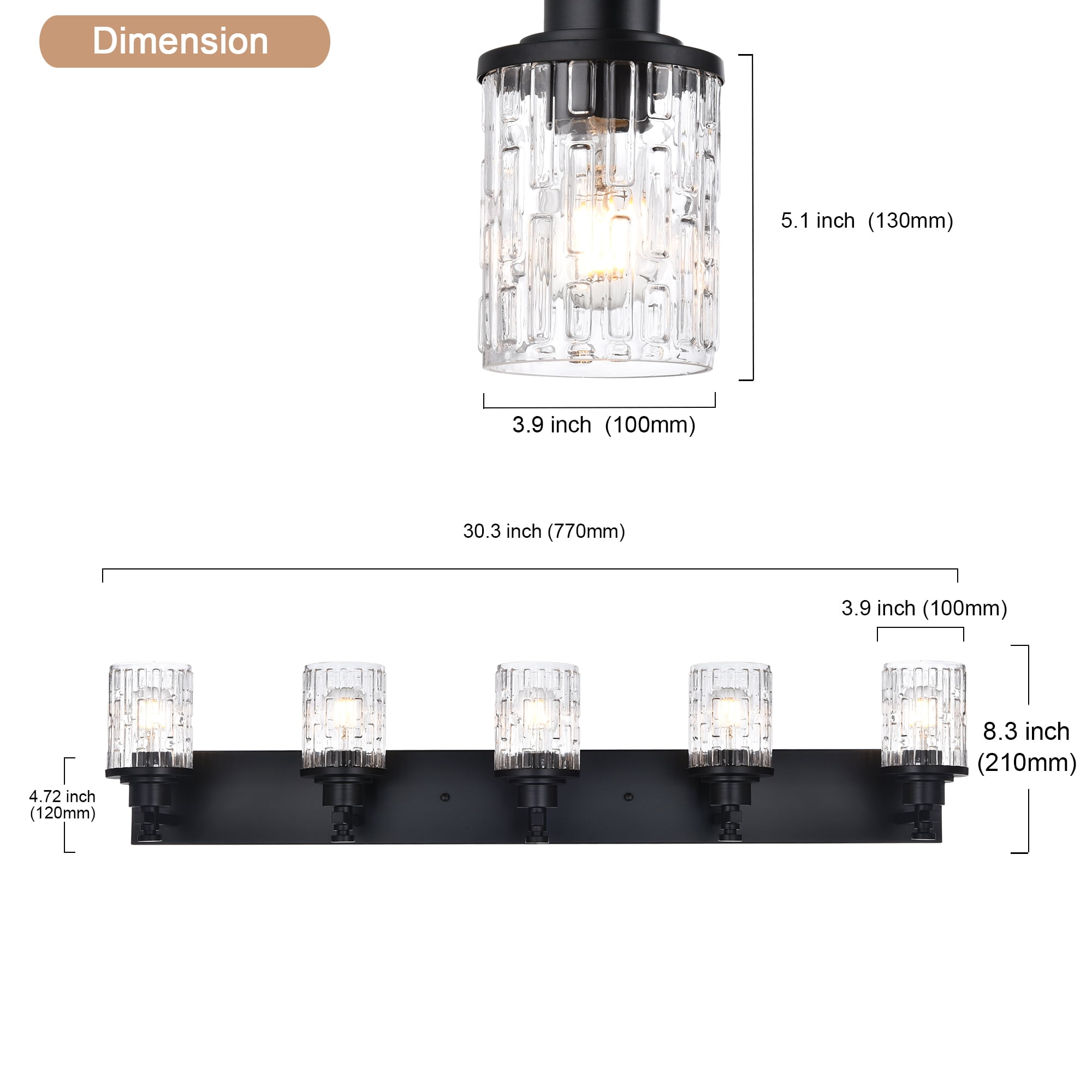 MELUCEE 5 Lights Bathroom Light Fixtures, Matte Black Vanity Lighting with Clear Grid Glass Shade
