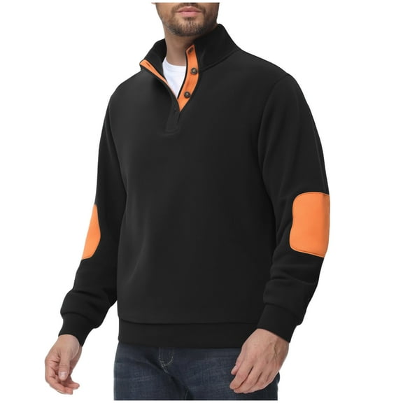 LpwkSSA Mens Fashion V-Neck Buttoned Sweatshirts Long Sleeved Stand Up Collar Button Color Blocked Fleece Pullover Sweatshirt Black XL