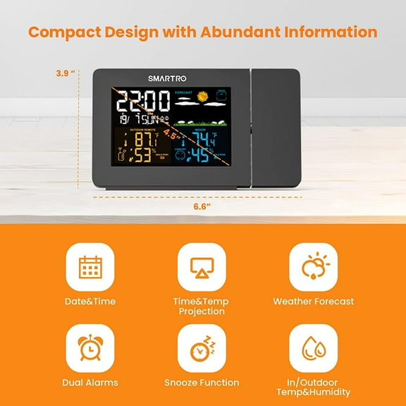 Projection Alarm Clock with Weather Station, Indoor Outdoor Thermometer & Humidity Monitor