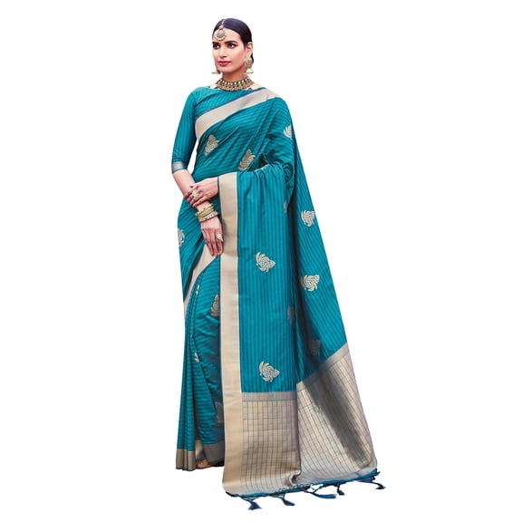 Sarees for Women Cotton Art Silk Woven Saree ||Ethnic Traditional Indian Wedding Gift Sari with Unstitched Blouse Teal