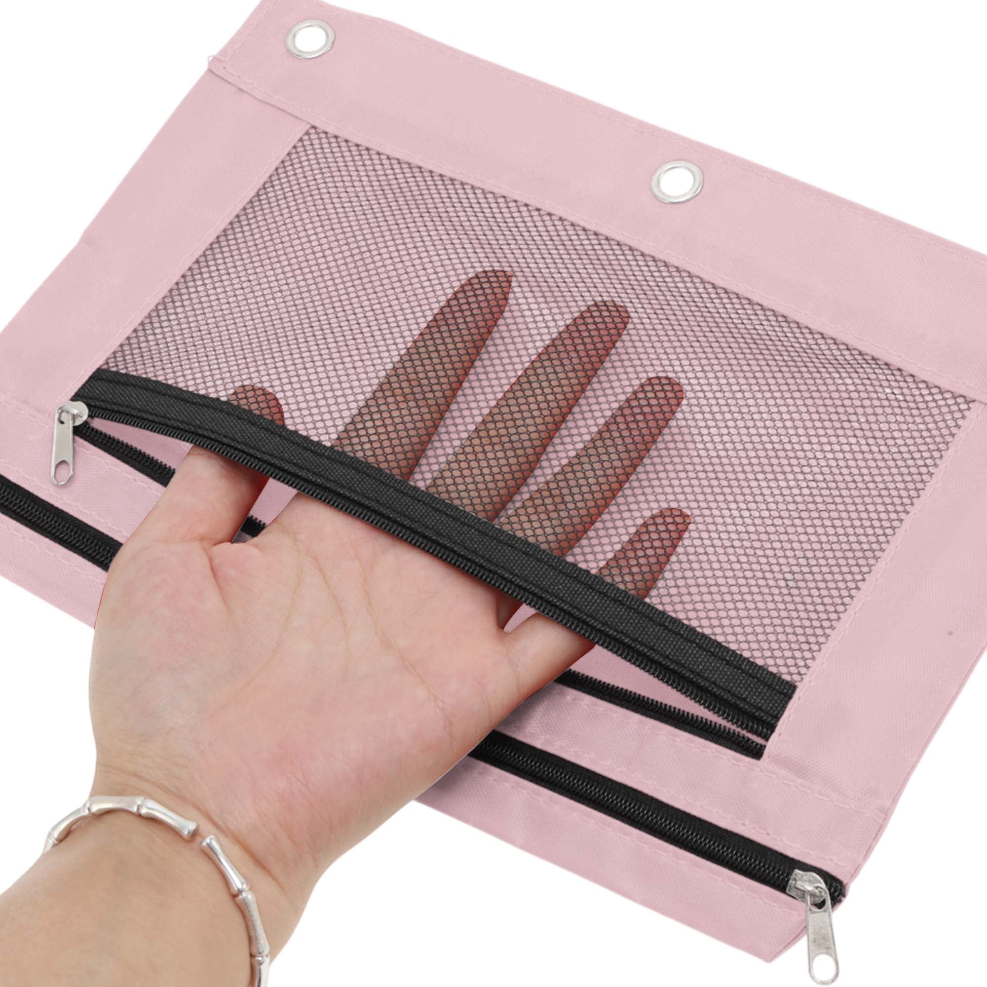 Unique Bargains Smooth Zipper Clear Mesh Double Layer Pencil Case for 3 Ring Binder Pink