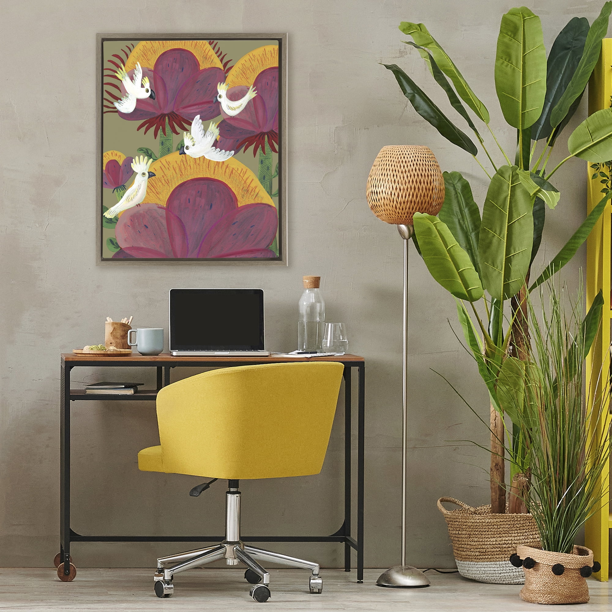 Stupell Industries Tropical Cockatoos & Plants Brown Framed Floater Canvas Wall Art, design by Kay Widdowson