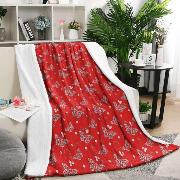 Red Butterfly Heart Flower Pattern Blanket,Comfortable Soft Flannel Throw Blanket,All Season,Warm Lightweight Blankets for Sofa Bed Couch Living Room Chair,50"x60"