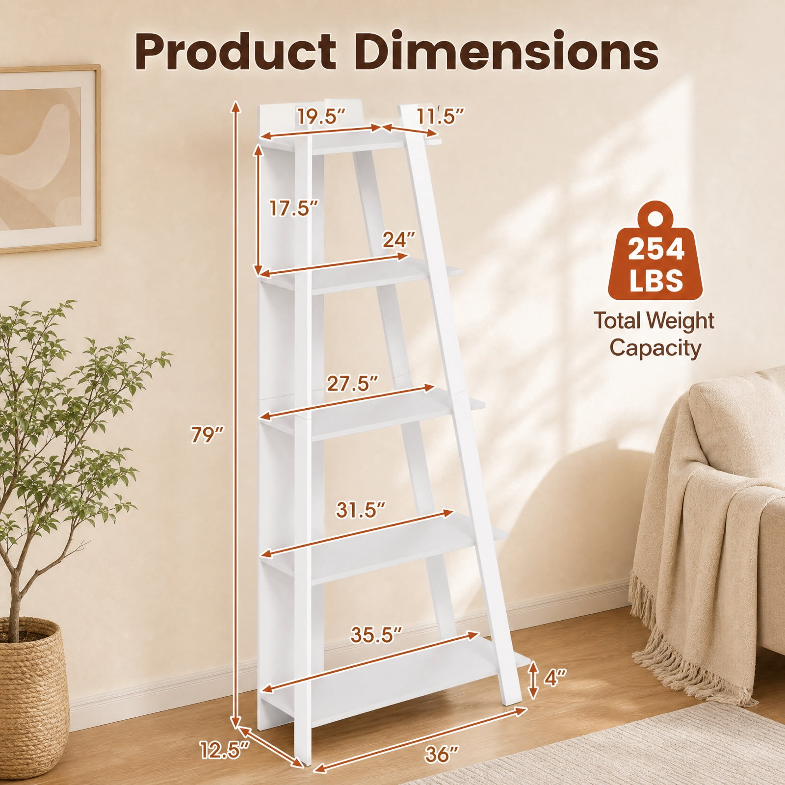Furnibear 5-Tier Modern Bookshelf Narrow Vertical Display Shelf for Small Space for Living Room Home Office Bedroom Display Storage Shelf, White