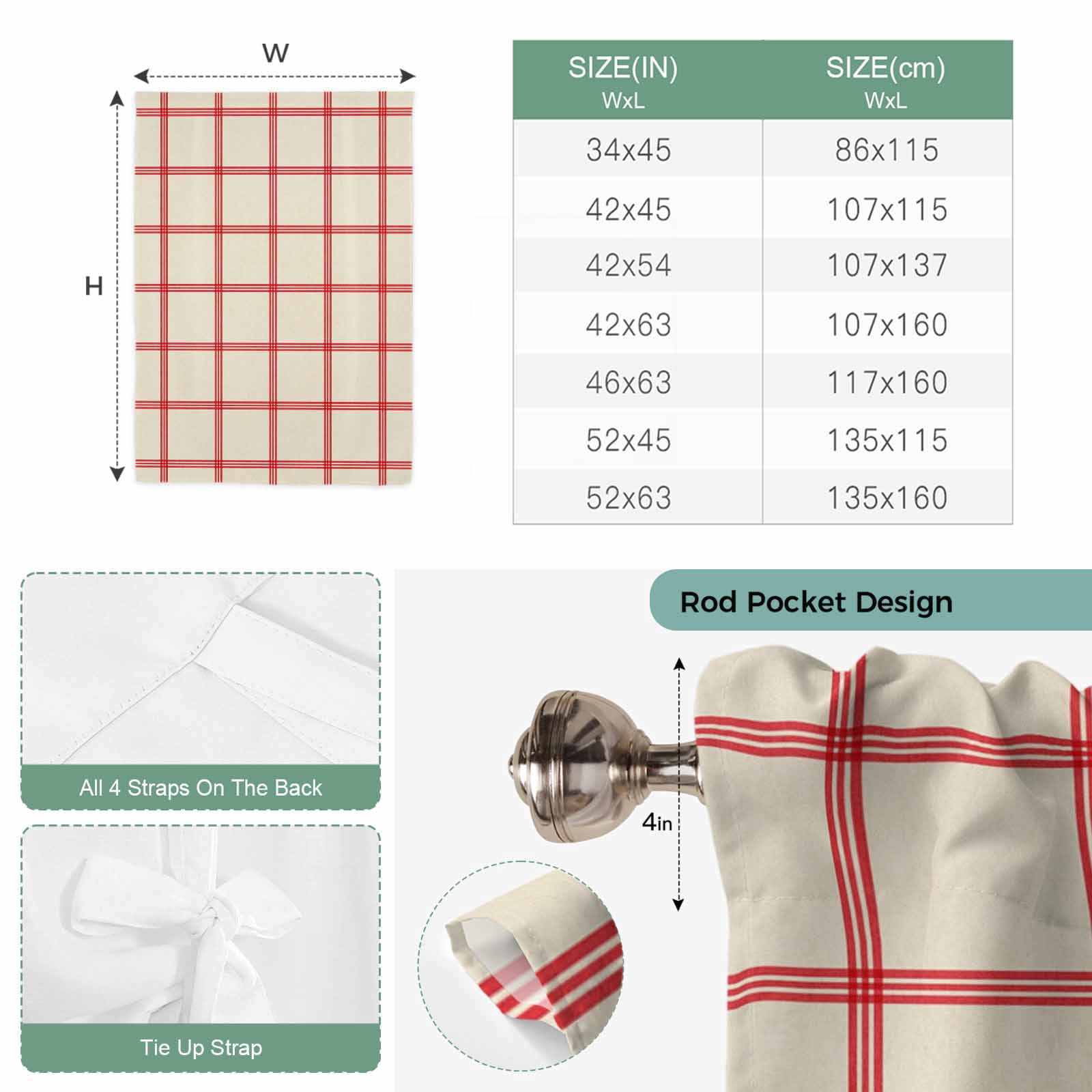 Yellow Buffalo Plaid Balloon Curtains 63 Inch Length for Living Room/Bedroom, Red Lines Grid Pattern Vintage Rod Pocket Privacy Door Curtains Decorative Tie Up Shade for Window 52"x63"