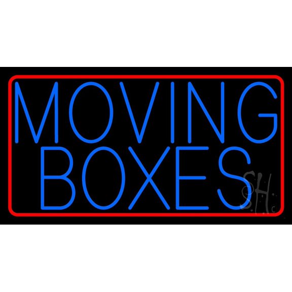 Blue Moving Boxes Red Border LED Neon Sign 20 x 37 - inches, Black Square Cut Acrylic Backing, with Dimmer - Bright and Premium built indoor LED Neon Sign for Store interior and stroefront