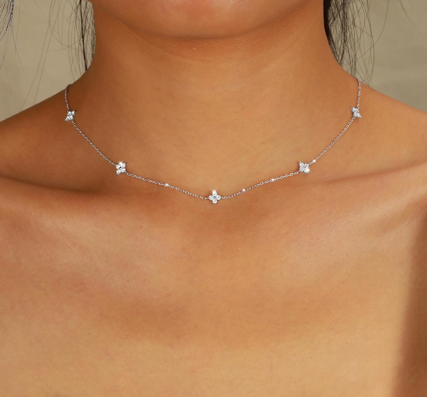 Lucky Leaf Necklace for Women 925 Sterling Silver Trendy 14K Gold Plating Layered Cute White CZ Flowers Pendant Choker Necklaces to Daughter Mom Minimalist Stackable Chain Wedding Prom Brides Jewelry
