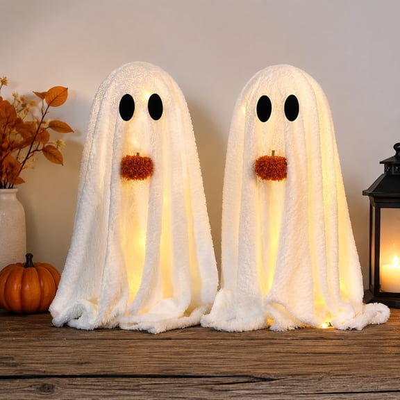 Clearance! 2Pcs Halloween Decorations Outdoor Lighted Sherpa Ghosts with Pumpkin, LED Ghost Lights Spooky Holiday Yard Decor for Porch Garden Lawn Indoor Tabletop Party Display