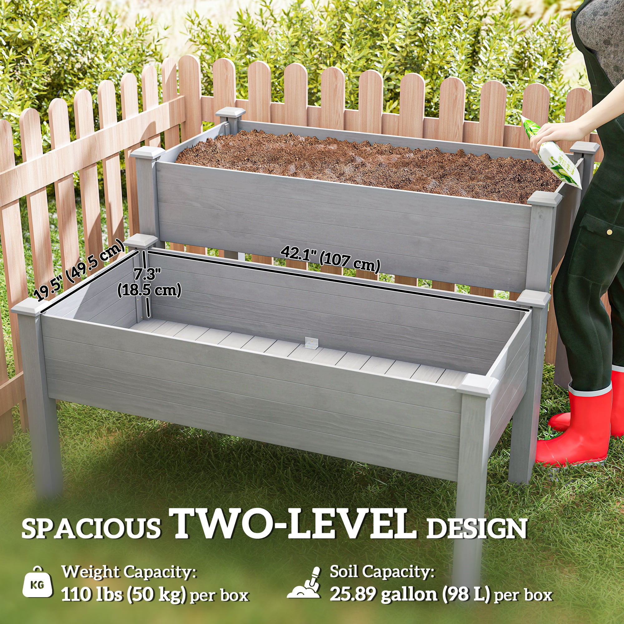 2 Tier Raised Garden Bed, Elevated Wooden 2 Box Planter, Gardening Grow Stand, Planting Bed for Flowers, Vegetables, Herb, Gray