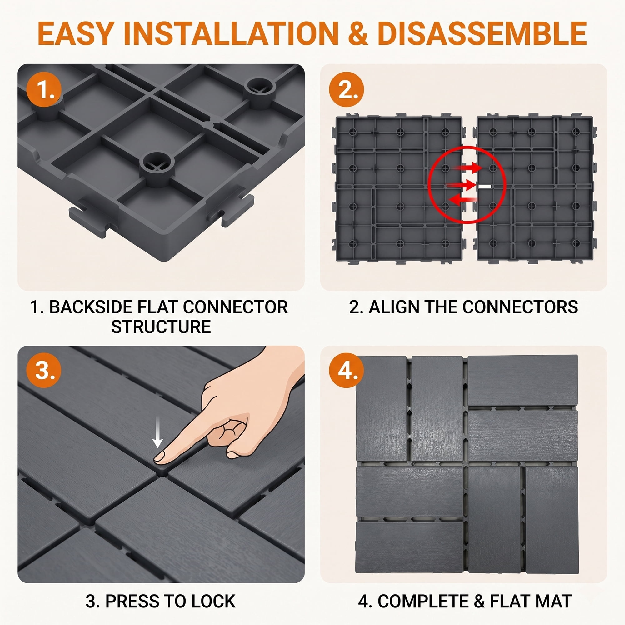 Plastic Interlocking Deck Tiles, 44 Pack 12"x12" Waterproof Non-Slip Outdoor Patio Flooring, All Weather Drainable Snap Together Decking Tiles for Poolside, Porch, Garden, Backyard & Shed Floor