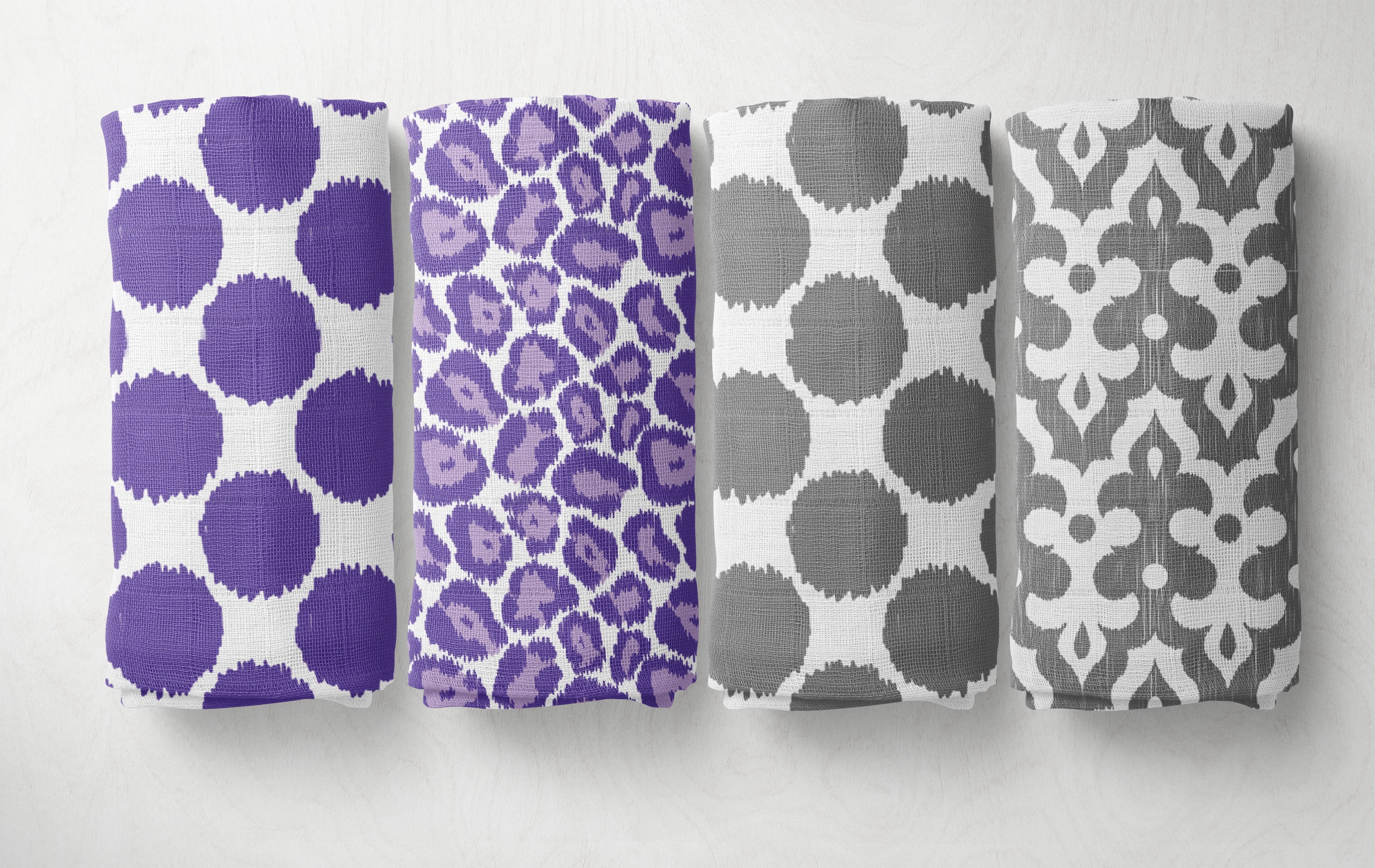 Bacati - Ikat Leopard/Dots/Damask 4-Piece Crib Bedding Set with 2 Muslin Swadling Blankets, Purple/Grey